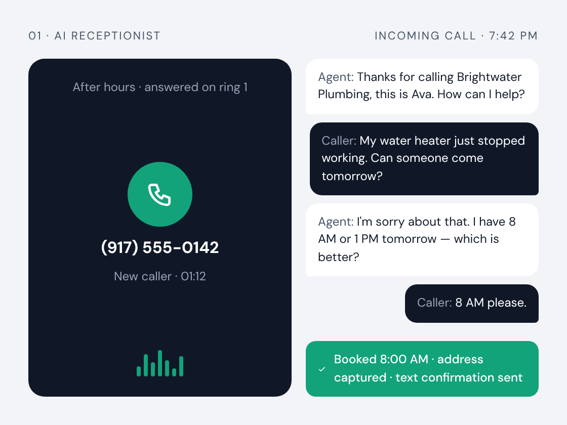 AI receptionist call transcript ending in a booked appointment
