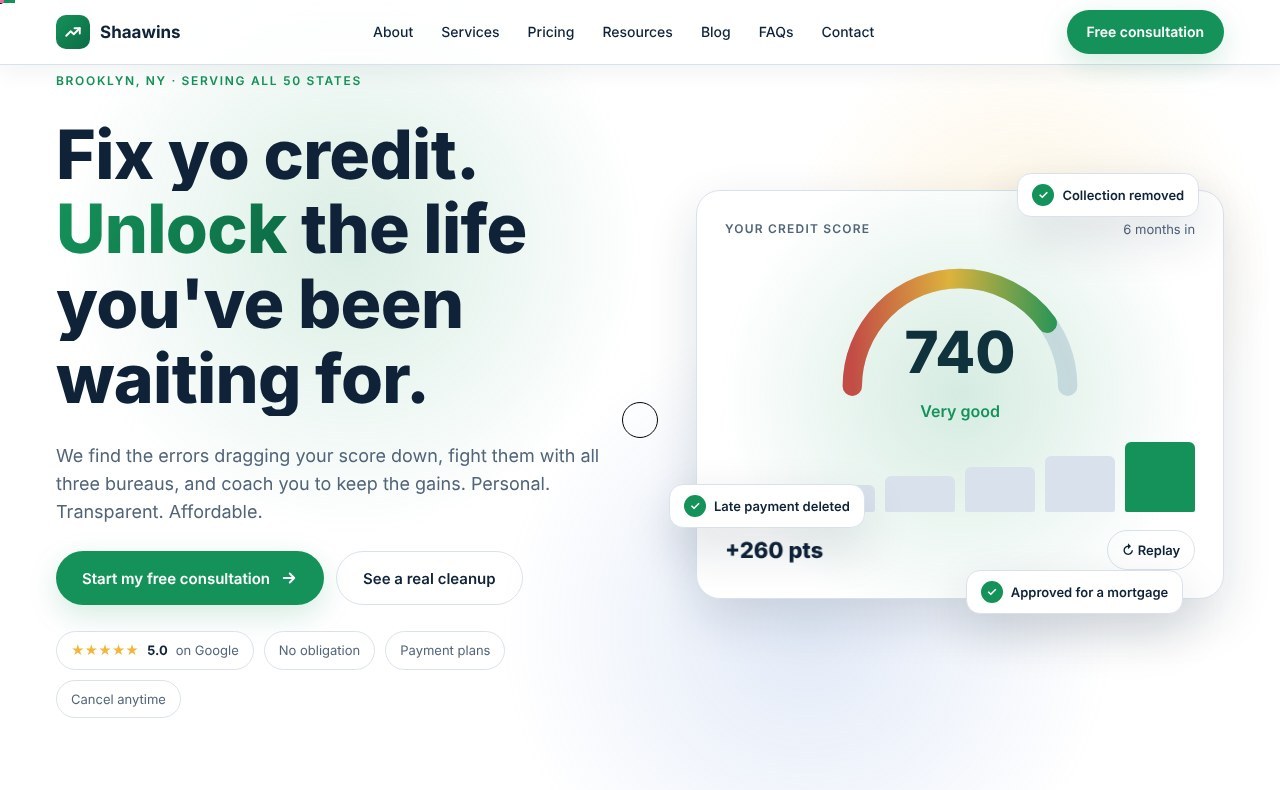 Homepage of the Shaawins Credit Repair website built by Moxlen, showing an animated credit-score gauge